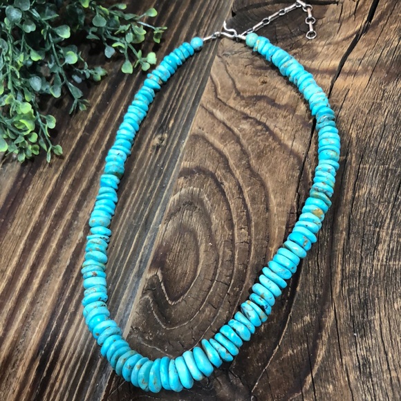 Native American Jewelry - Blue Turquoise Faceted Solid Strand Rondelle & Sterling Silver Necklace